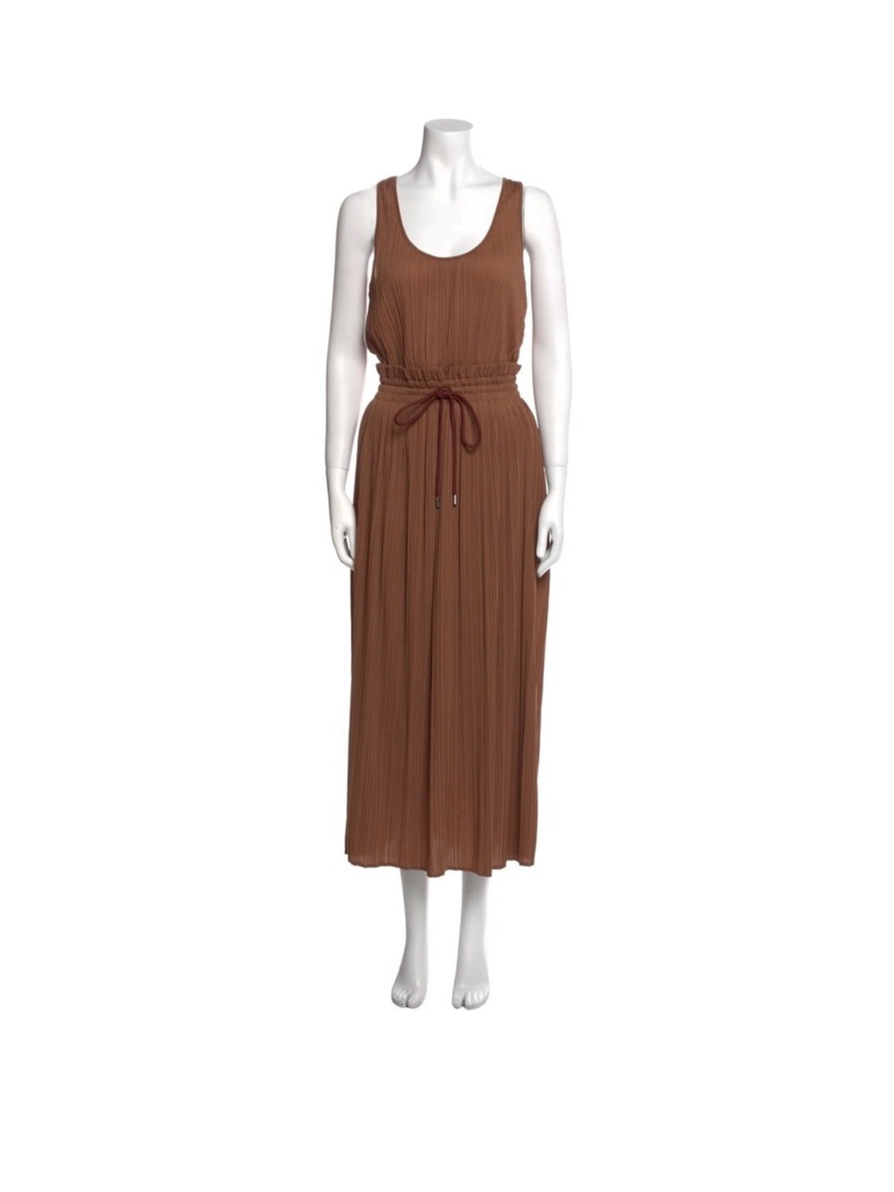 A.L.C. Rust-Brown Sleeveless Pleated Midi Dress with Drawstring Waist